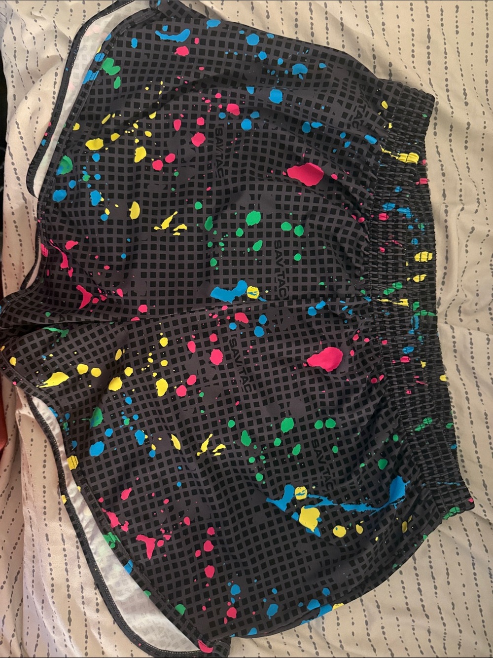 Black Athletic Shorts with Multicolor Paint-Splash Accents